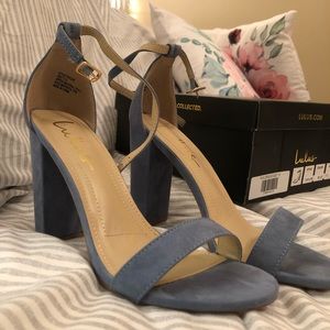 lulu’s blue suede ankle strap heels